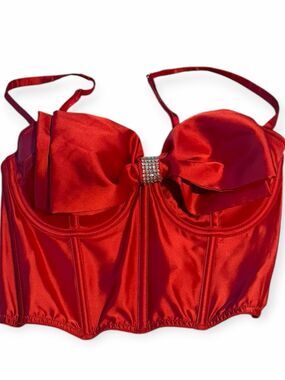 VICTORIA’S SECRET Dream Angels Red Satin Bow Rhinestone Corset Bra 32C